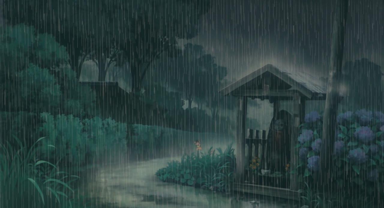 Satsuki et Mei attendant sous la pluie à l'arrêt de bus, Mon Voisin Totoro